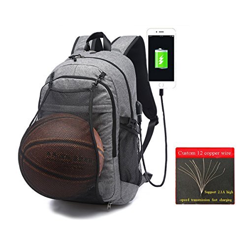 Business Laptop Backpack, Outdoor Travel Bag with Basketball Net Headphone Port and USB Ports Water Resistant College School Backpack for Women/men, Fits UNDER 15.6 inch Laptop & Tablet(Gray)