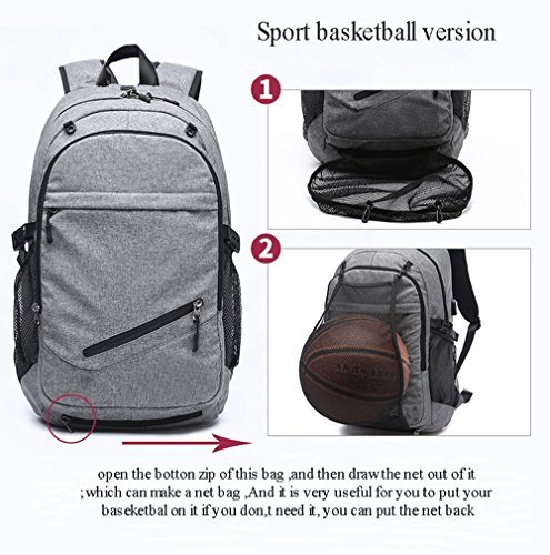 Business Laptop Backpack, Outdoor Travel Bag with Basketball Net Headphone Port and USB Ports Water Resistant College School Backpack for Women/men, Fits UNDER 15.6 inch Laptop & Tablet(Gray)