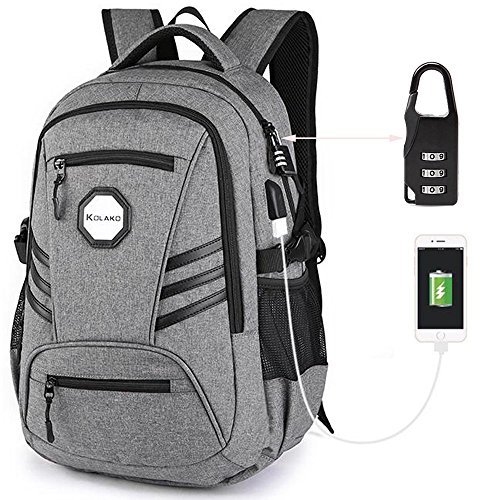 Business Water Resistant Polyester Laptop Backpack, College Computer Backpacks, Casual Hiking Travel Daypack with USB Charging Port Fits Under 15.6 inch Laptop & Tablets(gray)