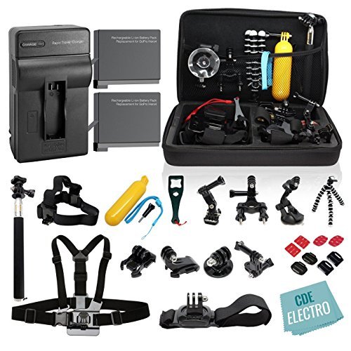 CDE© Complete Kit for GoPro Hero4 Black or silver: 2 Batteries, Charger + 30pcs accessories Kit. Outdoors Bundle for Hero 4: 2 batteries +Charger +Head & Chest Straps +Grip +Tripod +Suction Cup &More