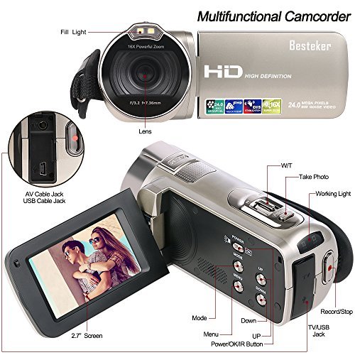 Camcorder, Besteker HD 1080P 24MP 16X Digital Zoom Video Camcorders with 270 Degree Rotation Screen