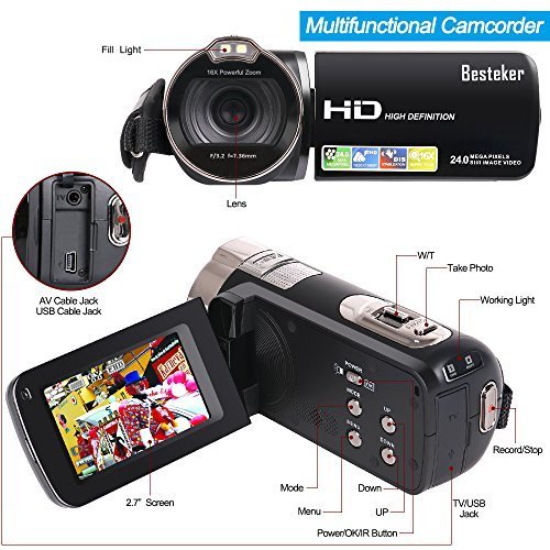 Camera Camcorders, Besteker HD 1080P 24 MP 16X Digital Zoom Video Camcorder with LCD and 270 Degree Rotation Screen