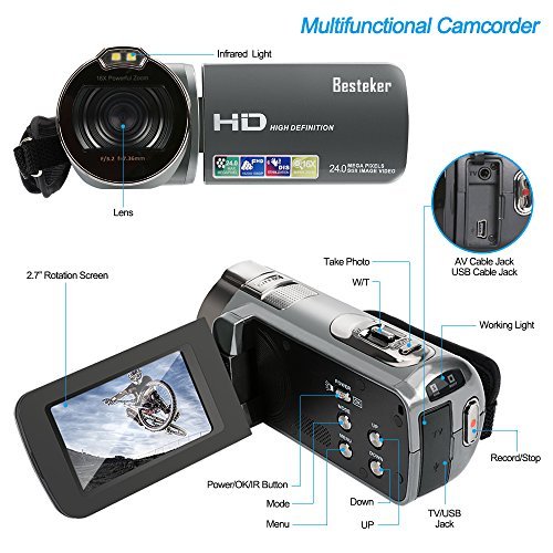 Camera Camcorders, Besteker HD 1080P 24MP 16X Digital Zoom Video Camcorder with 2.7" LCD and 270 Degree Rotation Screen(312P-Gun gray)