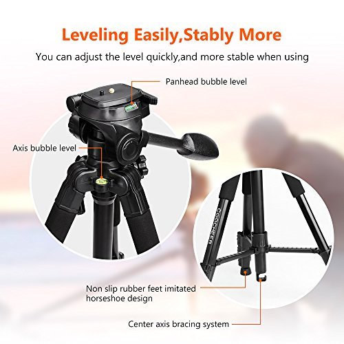 Camera Tripod, COOCHEER Alluminum Alloy Camera Stand 1/4" QR Plate for DSLR Camcorder Canon Sony Nikon Olympus Lumix Fujifilm Pentax K-1,With 3 Way Pan Head, 2 Bubble Level,57",Load up to 8.8lb