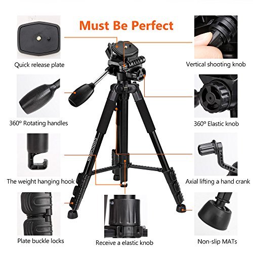 Camera Tripod, COOCHEER Alluminum Alloy Camera Stand 1/4" QR Plate for DSLR Camcorder Canon Sony Nikon Olympus Lumix Fujifilm Pentax K-1,With 3 Way Pan Head, 2 Bubble Level,57",Load up to 8.8lb