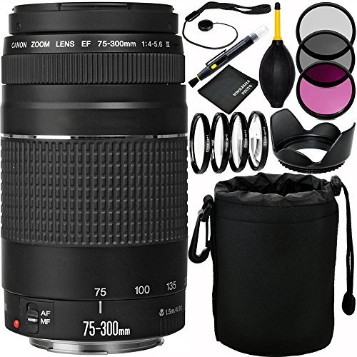 Canon EF 75-300mm f/4-5.6 III Lens Bundle with Accessory Kit for EOS 7D Mark II, 7D, 80D, 70D, 60D, 50D, 40D, 30D, 20D, Rebel T6s, T6i, T5i, T4i, SL1, T3i, T6, T5, T3, T2i, T1i, XSi, XS, XTi, XT