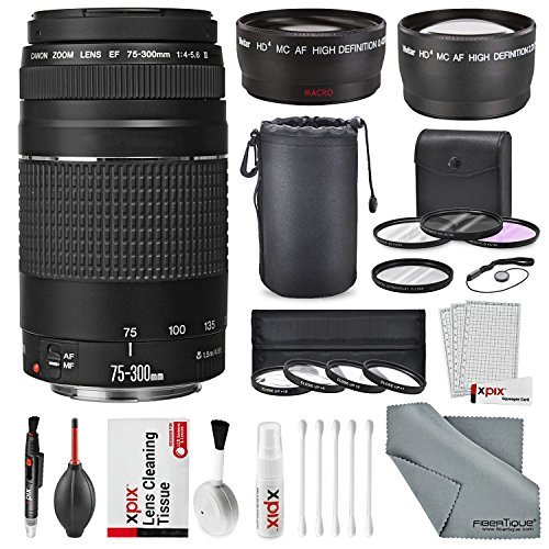 Canon EF 75-300mm f/4-5.6 III Lens + Tele & Wide Lens + 3 Pc filter Set + Close Up set + Lens Pouch + Cleaning Kit