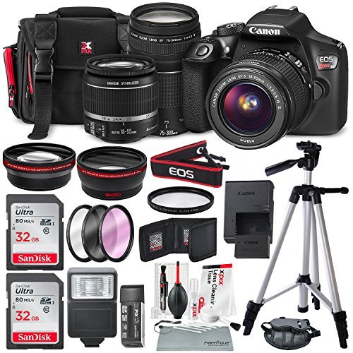 Canon EOS Rebel T6 DSLR Camera with EF-S 18-55mm f/3.5-5.6 IS II Lens, EF 75-300mm f/4-5.6 III Lens, 64GB, along with Fibertique Cleaning Cloth, and Xpix cleaning Kit and Deluxe Accessory Bundle