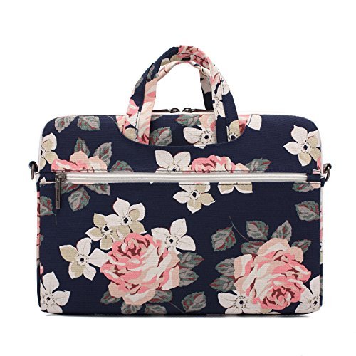 Canvaslife White Rose Patten Canvas Laptop Shoulder Messenger Bag Case Sleeve for 11 Inch 12 Inch 13 Inch Laptop and Macbook Air Pro 11 /12/ 13