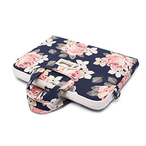 Canvaslife White Rose Patten Canvas Laptop Shoulder Messenger Bag Case Sleeve for 11 Inch 12 Inch 13 Inch Laptop and Macbook Air Pro 11 /12/ 13