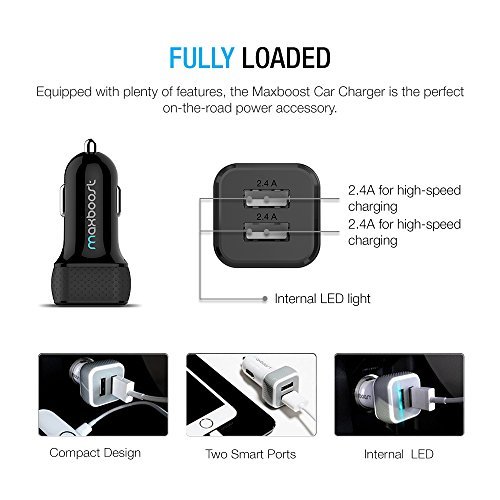 Car Charger, Maxboost 4.8A/24W 2 USB Smart Port Car Charger [Black] for iPhone 7 6S Plus 6 Plus 6 5SE 5S 5 5C, Samsung Galaxy S8 S7 S6 Edge, Note 8 4 S5,LG G6 G5 G4,HTC,Nexus 5X 6P,iPad Pro Portable
