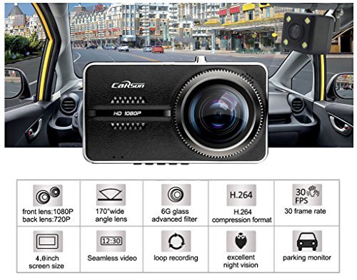 Carsun V3 Car Dual-Lens Ultrathin 4" Screen Dash Cam,Novatek NT96655, 170°+ 110°Angle, front&rear recording, WDR Super Night Vision, Full HD 1080P, G-sensor, Parking Guard ,Dash Cam Front And Rear