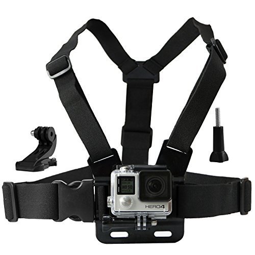 Chest Mount Harness for Gopro Hero 5, Black, Session, Hero 4, Session, Black, Silver, Hero+ LCD, 3+, 3, 2, 1 – Fully Adjustable Chest Strap - Also Includes J-Hook / Thumbscrew / Storage Bag