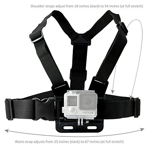 Chest Mount Harness for Gopro Hero 5, Black, Session, Hero 4, Session, Black, Silver, Hero+ LCD, 3+, 3, 2, 1 – Fully Adjustable Chest Strap - Also Includes J-Hook / Thumbscrew / Storage Bag