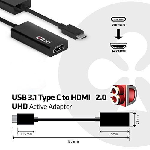 Club 3D ,CAC-1504,USB-C to HDMI 2.0 Adapter for MacBook Retina 12" 2015 / 2016, XPS 2016, Chromebook Pixel 2015, Thunderbolt 3 & More (Supports 4K / UHD Displays up to 3840x2160@60Hz)