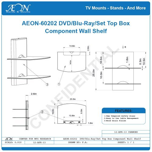 Component Shelf Mount with wood grain and two large glass shelves AEON-60202