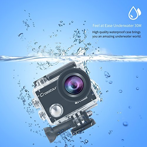 Crosstour 4K Sports Action Camera WIFI 16MP Ultra HD Waterproof Underwater Camcorder with Remote Control 170°Wide-angle 2 Inch LCD Plus 2 Rechargeable 1050mAh Batteries and Mounting Accessories Kit