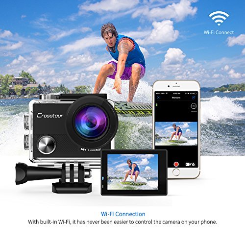 Crosstour 4K Sports Action Camera WIFI 16MP Ultra HD Waterproof Underwater Camcorder with Remote Control 170°Wide-angle 2 Inch LCD Plus 2 Rechargeable 1050mAh Batteries and Mounting Accessories Kit