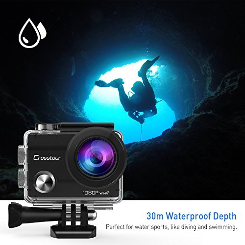 Crosstour Action Camera 1080P Full HD Wi-Fi 12MP Waterproof Cam 2" LCD 30m Underwater 170°Wide-angle Sports Camera with 2 Rechargeable 1050mAh Batteries and Mounting Accessory Kits