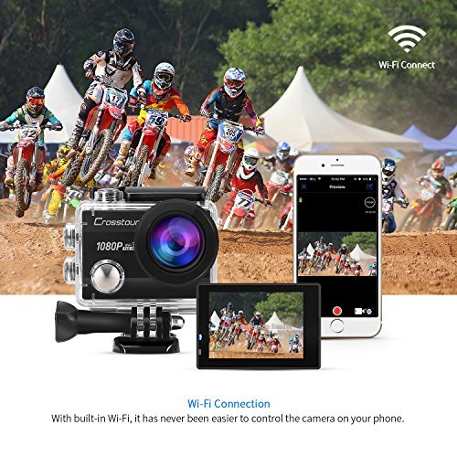 Crosstour Action Camera 1080P Full HD Wi-Fi 12MP Waterproof Cam 2" LCD 30m Underwater 170°Wide-angle Sports Camera with 2 Rechargeable 1050mAh Batteries and Mounting Accessory Kits