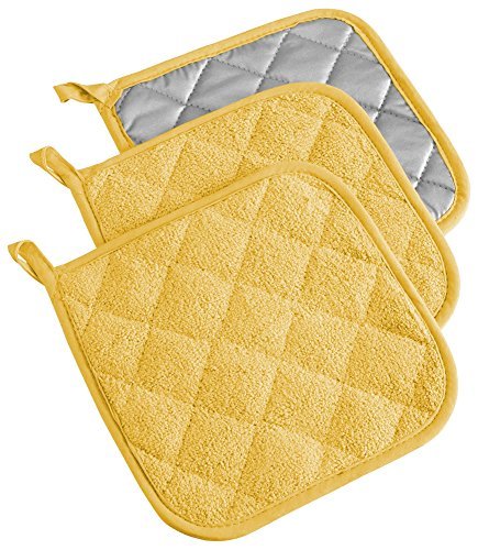 DII Cotton Terry Pot Holders, 7x7" Set of 3, Heat Resistant and Machine Washable Hot Pads for Kitchen Cooking and Baking-Yellow