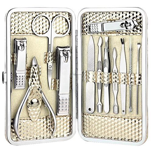 DLFE Manicure Pedicure Professional Stainless Steel Set of 12pcs with Luxurious Case(Golden) 