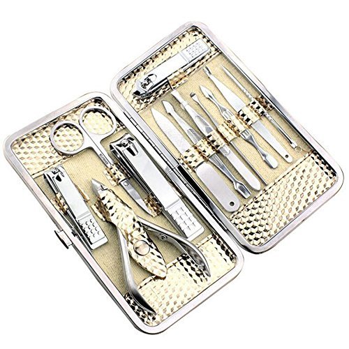 DLFE Manicure Pedicure Professional Stainless Steel Set of 12pcs with Luxurious Case(Golden) 