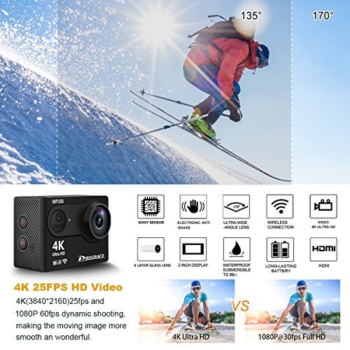 DROGRACE WP350 Sports DV Camera Wifi Video Action Camera Waterproof 4K 60fps 30fps 1080p Full HD for Youtube Underwater Remote Digital Camera Accessories Kit 12MP 170 Wide Angle 6G Lens