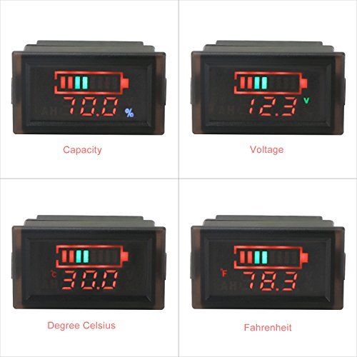 DROK Waterproof LED Digital Battery Volt Meter DC 12V 24V 36V 48V 60V 64V 72V Acid Lead/Lithium Polymer Battery Capacity Indicator Thermometer Voltage Temperature Guage Monitor for Electromobile