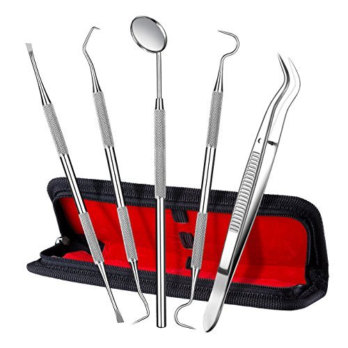 Dental Tool Set, ElleSye 5 PACK Dental Hygiene Tool Kit for Home Oral Care, Stainless Steel Tartar Remover Dental Pick Dental Scaler Dental Tweezers Anti-fog...
