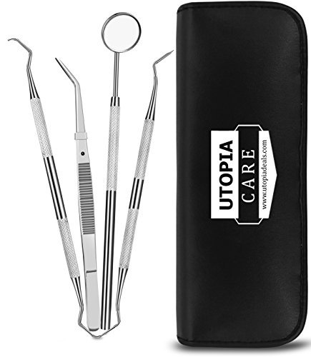 Dentist Tools Hygiene Kit - Includes Tarter Scraper Remover, Dental Pick , Dental Tweezer, Dental Sickle Scaler, and Mouth Mirror - Surgical Grade - Dentist Prepared Tools Kit - by Utopia Care