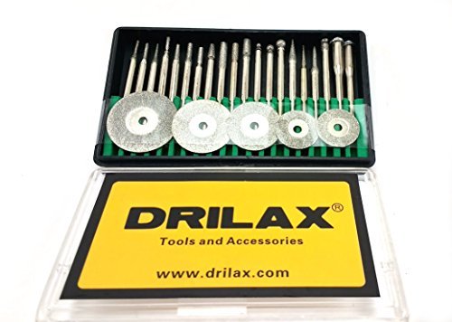 Drilax 25 pcs Diamond Coated Burs Cut Off Disc Set Assorted Shapes Cone Cylindrical Round Bit Bur Kit Jewelry Beach Sea Glass Shells Gemstones Lapidary 1/8" Shaft