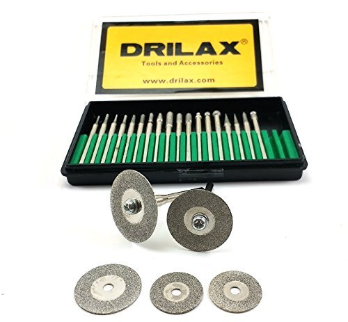 Drilax 25 pcs Diamond Coated Burs Cut Off Disc Set Assorted Shapes Cone Cylindrical Round Bit Bur Kit Jewelry Beach Sea Glass Shells Gemstones Lapidary 1/8" Shaft