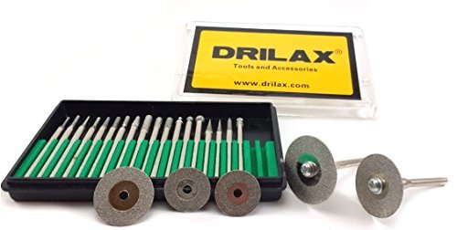 Drilax 25 pcs Diamond Coated Burs Cut Off Disc Set Assorted Shapes Cone Cylindrical Round Bit Bur Kit Jewelry Beach Sea Glass Shells Gemstones Lapidary 1/8" Shaft
