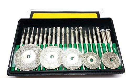 Drilax 25 pcs Diamond Coated Burs Cut Off Disc Set Assorted Shapes Cone Cylindrical Round Bit Bur Kit Jewelry Beach Sea Glass Shells Gemstones Lapidary 1/8" Shaft
