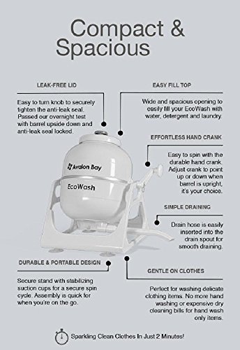 Ecowash Portable Hand Cranked Non-Electric Washing Machine by Avalon Bay, Counter Top Washer for Camping, Apartments, RV’s, or Delicates