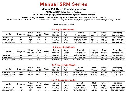 Elite Screens Manual SRM Series, 120-inch 16:9, Slow Retract Pull Down Projection Projector Screen, Model: M120XWH2-SRM