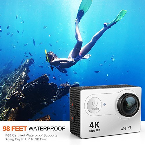 FITFORT Action Camera 4K WiFi Ultra HD Waterproof Sport Camera 12 MP 170 Degree 2 Inch LCD Screen Remote Control 2Pcs Batteries 19 Accessories -Silver