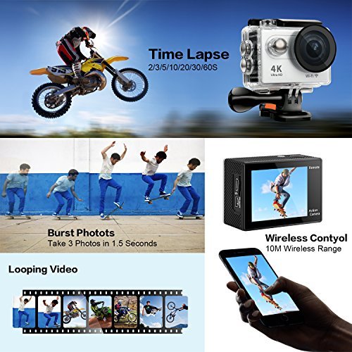 FITFORT Action Camera 4K WiFi Ultra HD Waterproof Sport Camera 12 MP 170 Degree 2 Inch LCD Screen Remote Control 2Pcs Batteries 19 Accessories -Silver