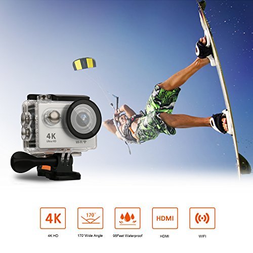 FITFORT Action Camera 4K WiFi Ultra HD Waterproof Sport Camera 12 MP 170 Degree 2 Inch LCD Screen Remote Control 2Pcs Batteries 19 Accessories -Silver