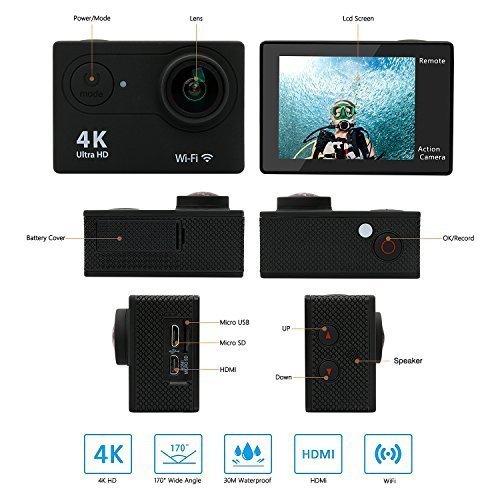 FITFORT Action Camera 4K WiFi Ultra HD Waterproof Sport Camera 2 Inch LCD Screen 12MP 170 Degree Wide Angle 2 Rechargeable 1050mAh Batteries Free Travel Bag Include 19 Accessories Kits