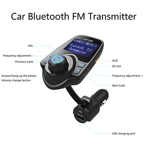 FM Transmitter, Otium Bluetooth Wireless Radio Adapter Audio Receiver Stereo Music Tuner Modulator Car Kit with USB Charger, Hands Free Calling