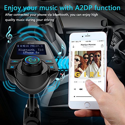 FM Transmitter, Otium Bluetooth Wireless Radio Adapter Audio Receiver Stereo Music Tuner Modulator Car Kit with USB Charger, Hands Free Calling