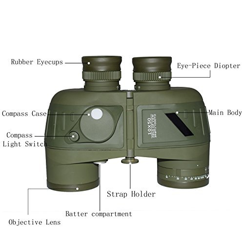 Feyachi 10x50 Military Binoculars with Illuminate Compass and Rangefinder + Binoculars Strap for Hunting Hiking Camping Boating