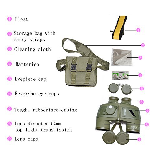 Feyachi 10x50 Military Binoculars with Illuminate Compass and Rangefinder + Binoculars Strap for Hunting Hiking Camping Boating