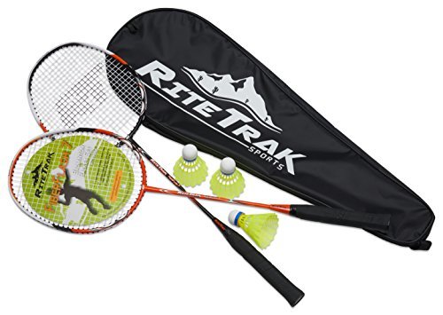 FiberFlash 7 Badminton Racket Set by RiteTrak Sports, 2 Carbon Fiber Shaft Racquets, 3 Shuttlecocks plus Fabric Carrying Bag All Included - Choose Your Favorite Colors