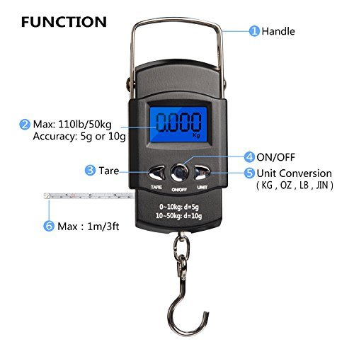 Fishing Scale, Hanging Scale - Hinpia Backlit LCD Screen, 110lb/50kg Capacity with Measuring Tape Portable Electronic Balance Digital Fishing Postal / Kitchen / Luggage /shopping Scale, Black