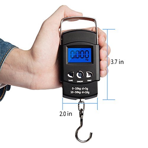 Fishing Scale, Hanging Scale - Hinpia Backlit LCD Screen, 110lb/50kg Capacity with Measuring Tape Portable Electronic Balance Digital Fishing Postal / Kitchen / Luggage /shopping Scale, Black