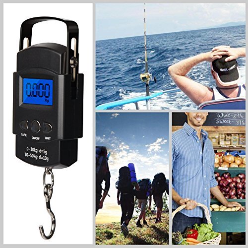 Fishing Scale, Hanging Scale - Hinpia Backlit LCD Screen, 110lb/50kg Capacity with Measuring Tape Portable Electronic Balance Digital Fishing Postal / Kitchen / Luggage /shopping Scale, Black