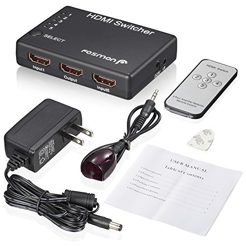 Fosmon HD1832 Intelligent 5-Port HDMI Switch with IR Remote and AC Adapter Supports 3D, Black